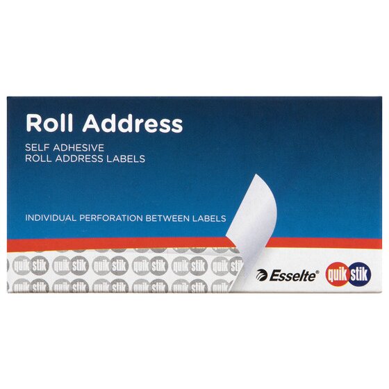 Front of the QuikStik Roll Address self adhesive roll address labels box with Esselte and QuikStik logos