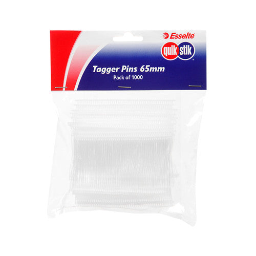 QuikStik Tagger Pins 65mm Pack of 1000 in retail packaging, extended length fine plastic pins for thicker fabrics, coats, knitwear and bulky retail merchandise