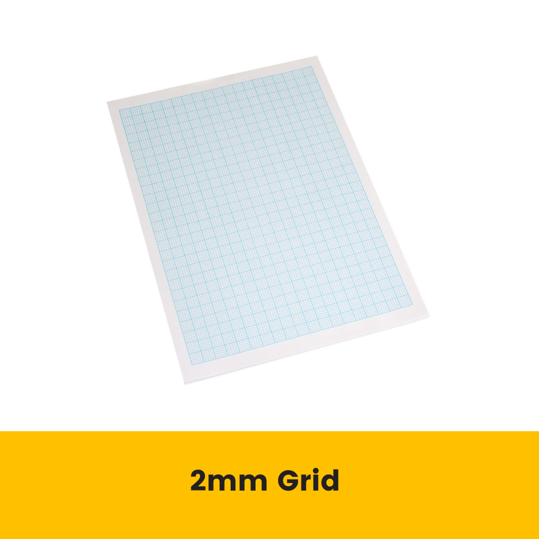Sheet of Quill A4 graph paper above a yellow banner reading 2mm Grid, showing the blue grid lines