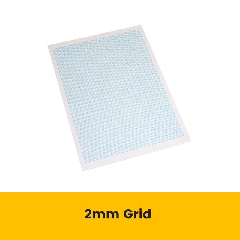 Sheet of Quill A4 graph paper above a yellow banner reading 2mm Grid, showing the blue grid lines