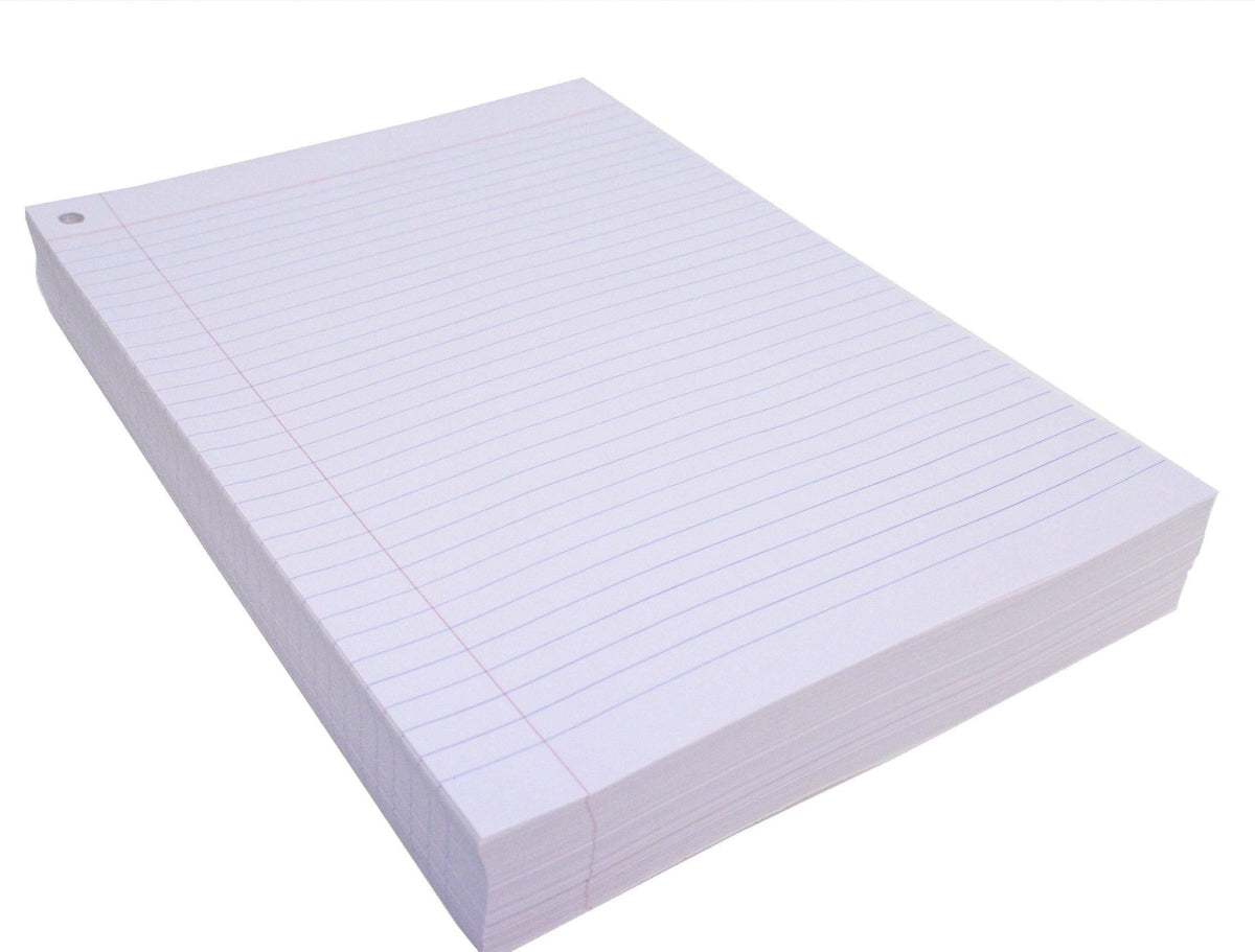 Quill Exam Paper A4 ream shown wide at an angle, the top sheet showing feint blue ruled lines and a red left margin