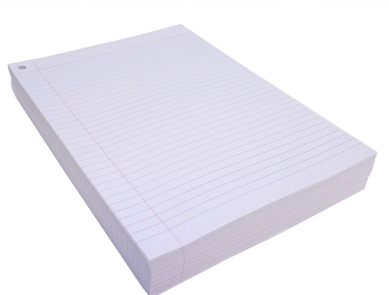Quill Exam Paper A4 ream shown wide at an angle, the top sheet showing feint blue ruled lines and a red left margin