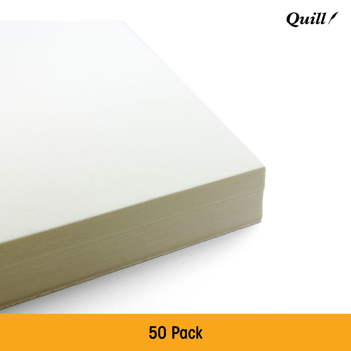 Close view of the corner of a stack of Quill Parchment Board A4 sheets with an off-white parchment surface, above an orange banner reading 50 Pack