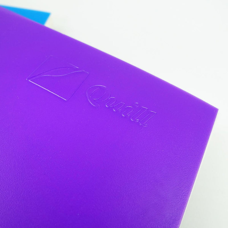 Close view of the Dark Purple polypropylene cover on the Quill Visual Art Diary A4 showing the embossed Quill logo