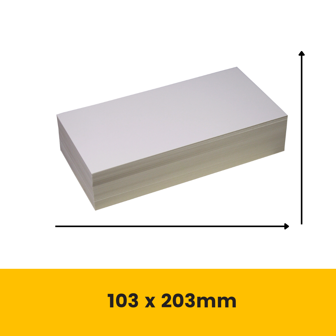 Quill Blank Flash Cards 103 x 203mm white stack with arrows marking width and height, above a yellow banner reading 103 x 203mm