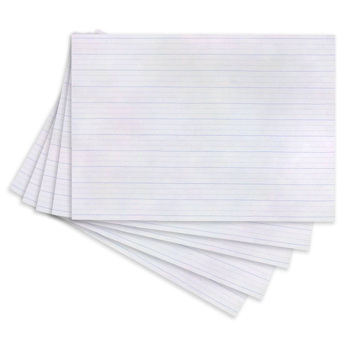 Several sheets of Quill Dotted Thirds Paper 18mm fanned out, showing the faint ruled and dotted rows on each white page