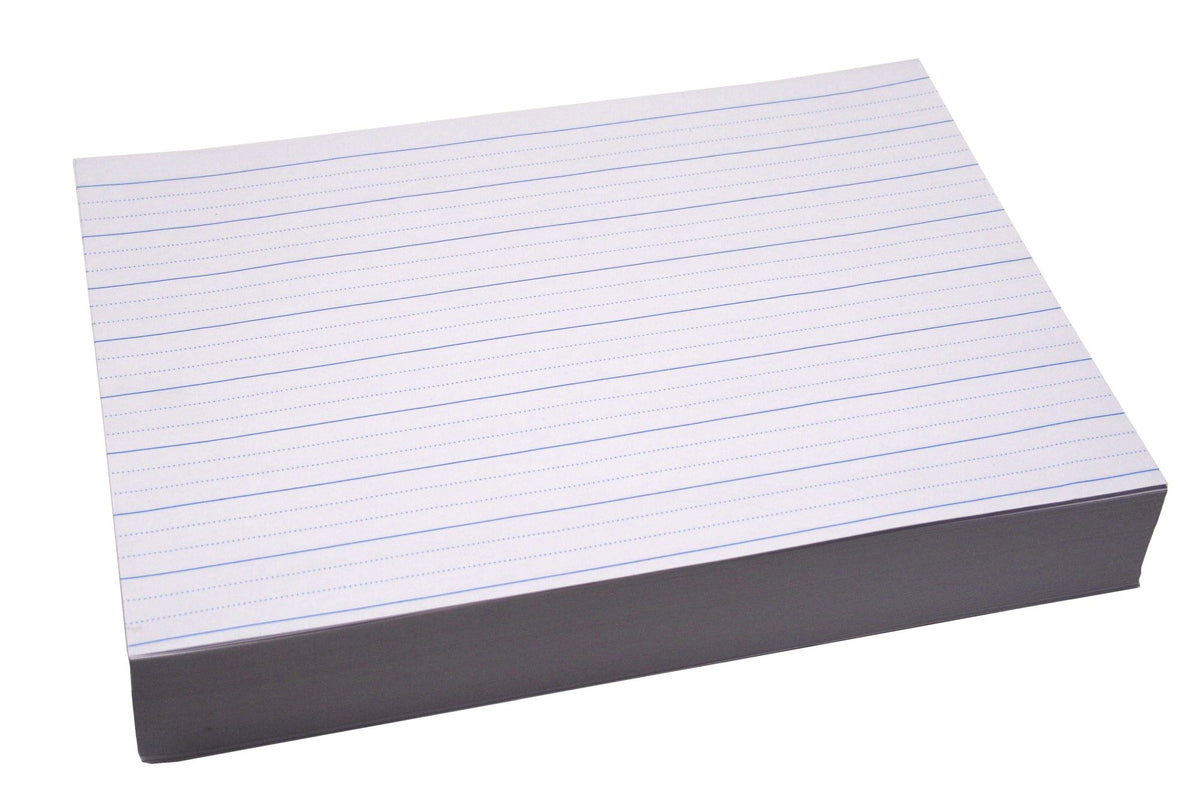 Quill Dotted Thirds Paper 24mm stack seen from the long side, the top sheet showing wide ruled rows