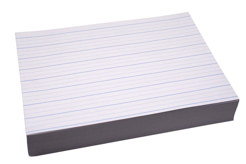 Quill Dotted Thirds Paper 24mm stack seen from the long side, the top sheet showing wide ruled rows