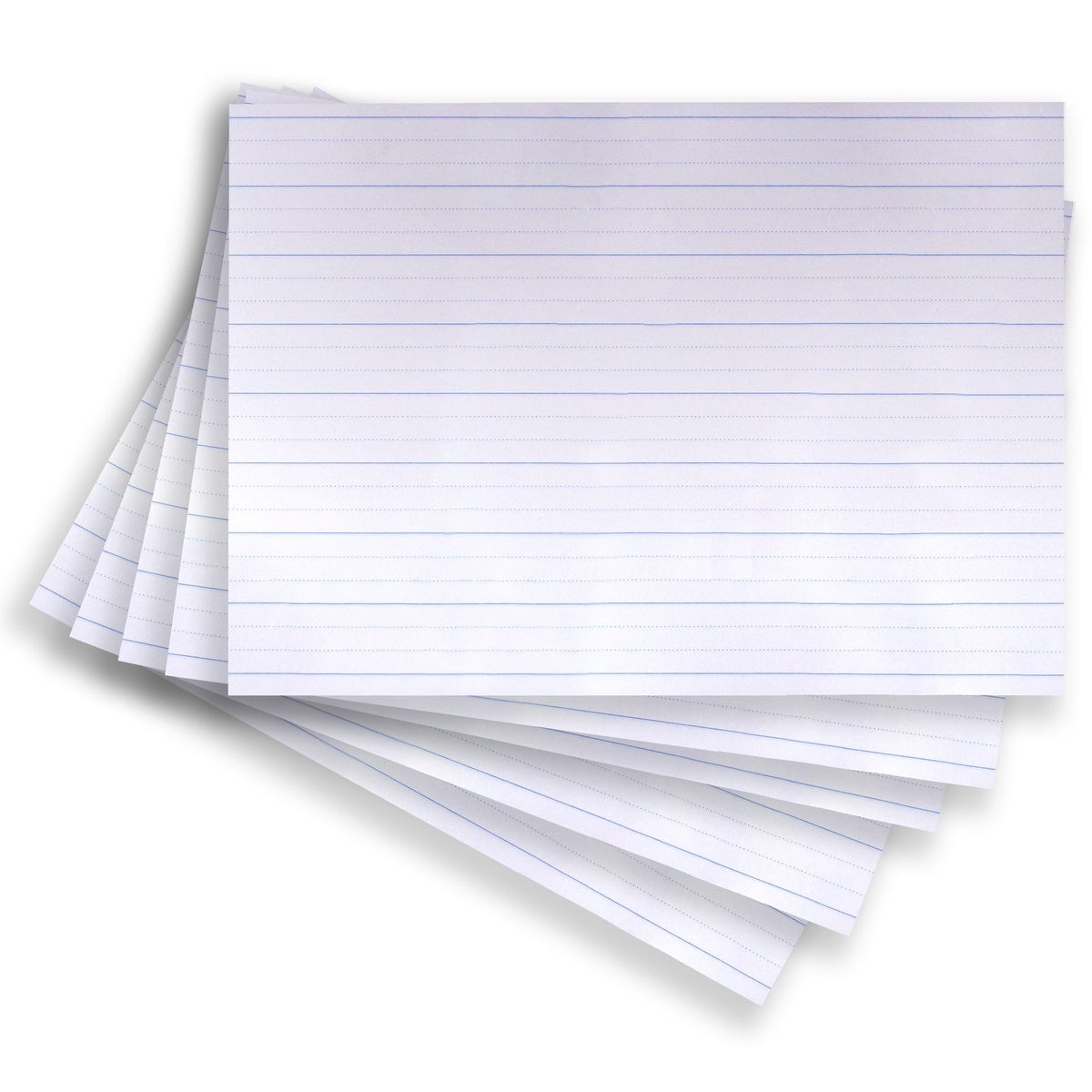 Sheets of Quill Dotted Thirds Paper 24mm fanned out, each white page carrying wide faint ruled and dotted rows