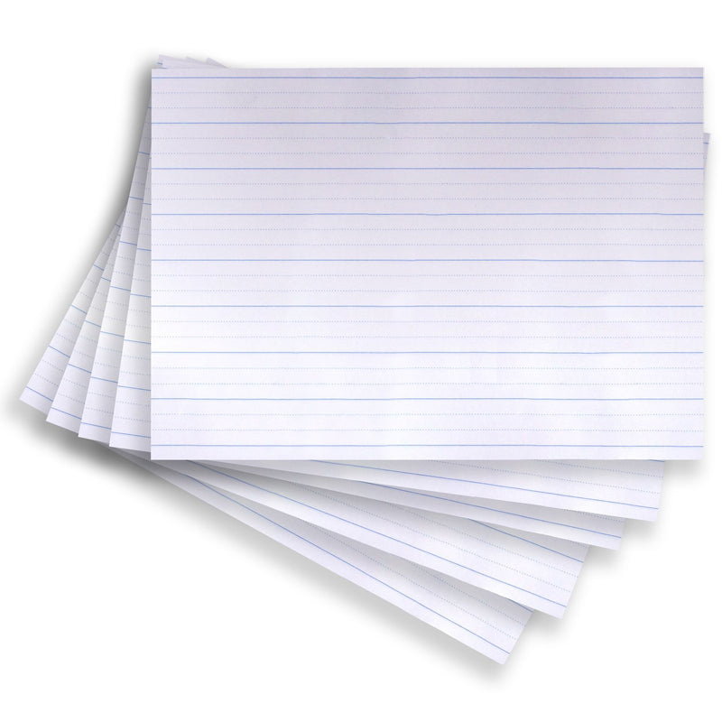 Sheets of Quill Dotted Thirds Paper 24mm fanned out, each white page carrying wide faint ruled and dotted rows