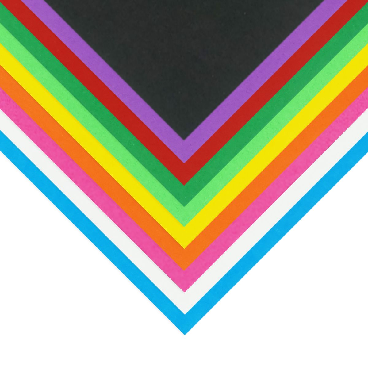 Quill A4 assorted cover paper sheets layered in a V shape showing black, purple, red, green, lime, yellow, orange, pink, white and sky blue edges