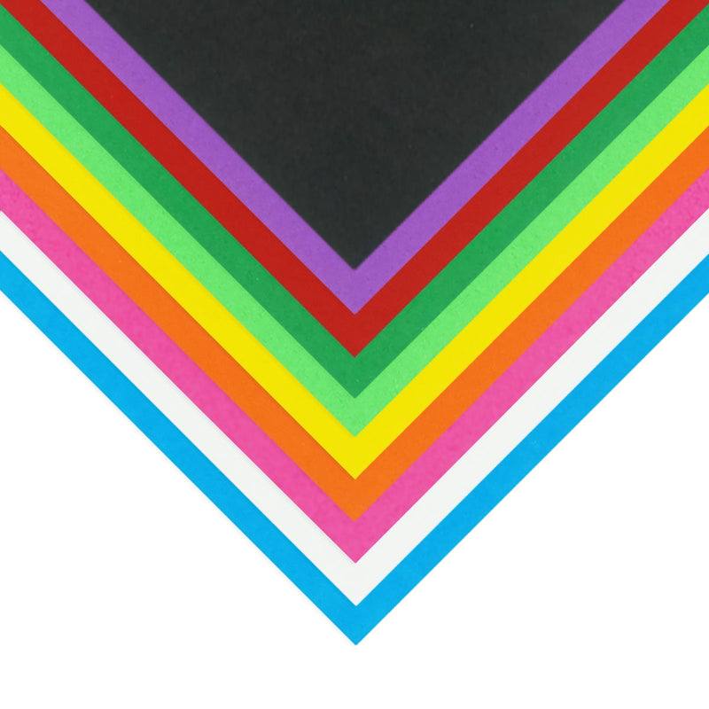 Quill A4 assorted cover paper sheets layered in a V shape showing black, purple, red, green, lime, yellow, orange, pink, white and sky blue edges