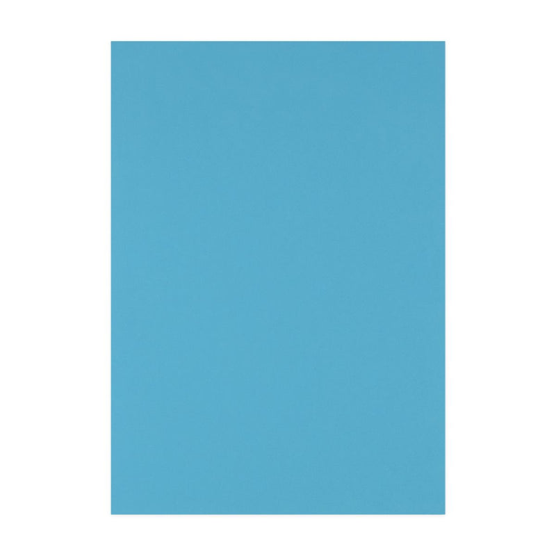 A single sky blue sheet of Quill 125gsm A4 cover paper from the assorted pack, laid flat in portrait on a white background