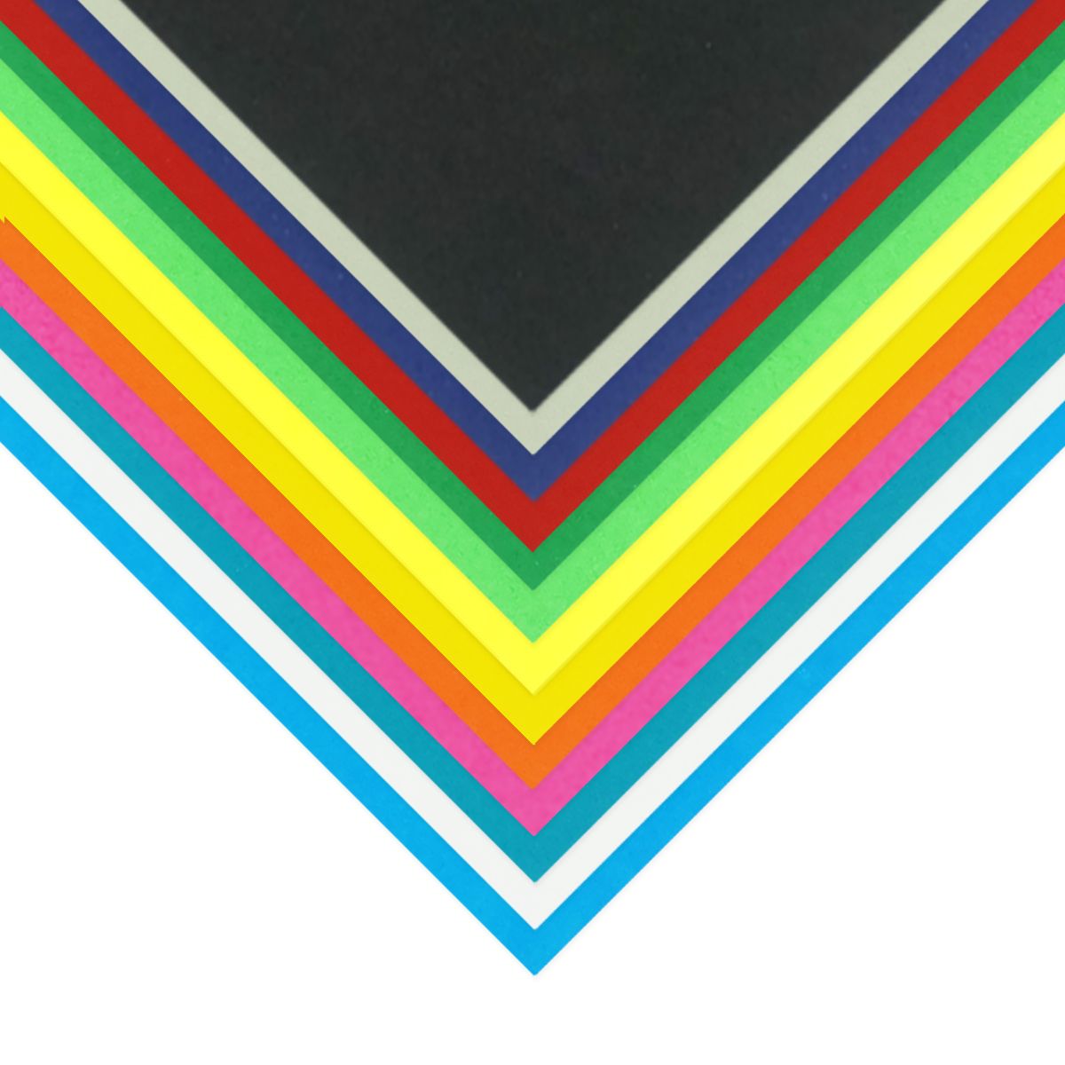 Quill A4 assorted 125gsm cover paper sheets layered in a V shape, black and grey at the top through blues, greens, yellows, reds and pinks to sky blue