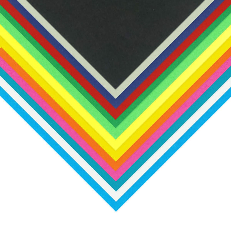 Quill A4 assorted 125gsm cover paper sheets layered in a V shape, black and grey at the top through blues, greens, yellows, reds and pinks to sky blue