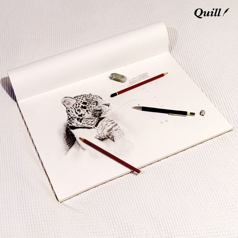 Quill Sketch Pad A3 open with the cover rolled back, a pencil drawing of a leopard on the white cartridge sheet and pencils and an eraser beside it