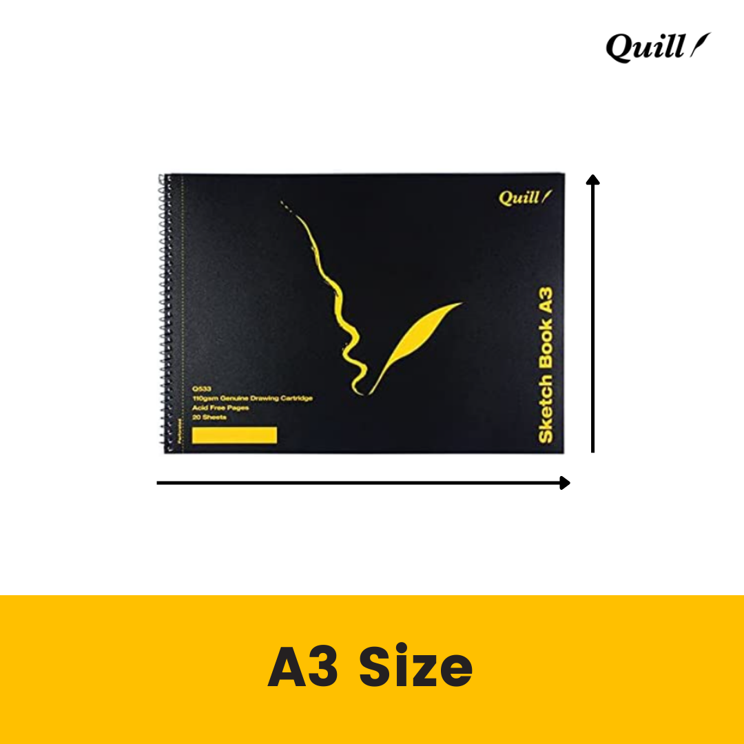 Quill Q Series Sketch Book A3 in black shown with arrows marking its width and height above a yellow A3 Size banner