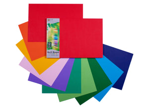 Quill A3 210gsm Coloured Board fanned out in assorted colours with the Quill Board pack label on top