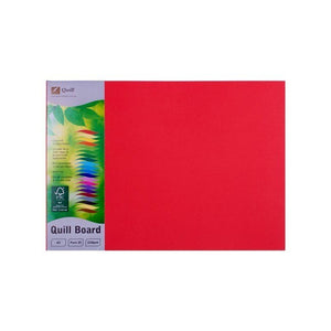 Quill Coloured Board 210gsm A3 Red Pack of 25, a landscape red A3 sheet with the Quill Board pack card along its left edge