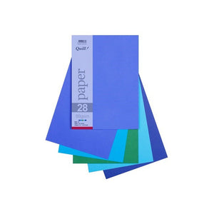 Quill A4 Cold Assorted pack with a lilac paper 28 header card reading 80gsm, Pack 250 sheets and Cold Asstd, sheets fanned in blues and green