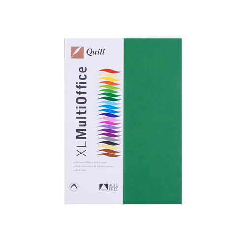 Quill Coloured Paper 80gsm A4 Emerald Pack of 500: XL MultiOffice branded Quill pack shown beside a loose A4 sheet of Emerald paper