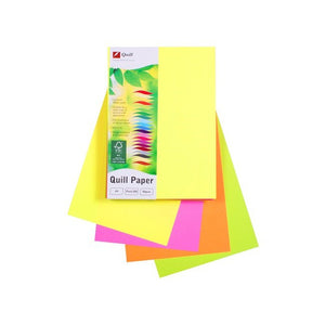 Quill Paper A4 Fluoro Assorted pack with its header card marked pack 500, the sheets fanned out in yellow, pink, orange and green