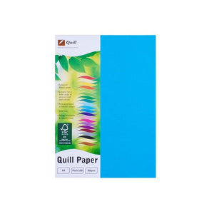 Quill Coloured Paper 80gsm A4 Marine Blue Pack of 100: Quill Paper pack shown beside a loose A4 sheet of Marine Blue paper