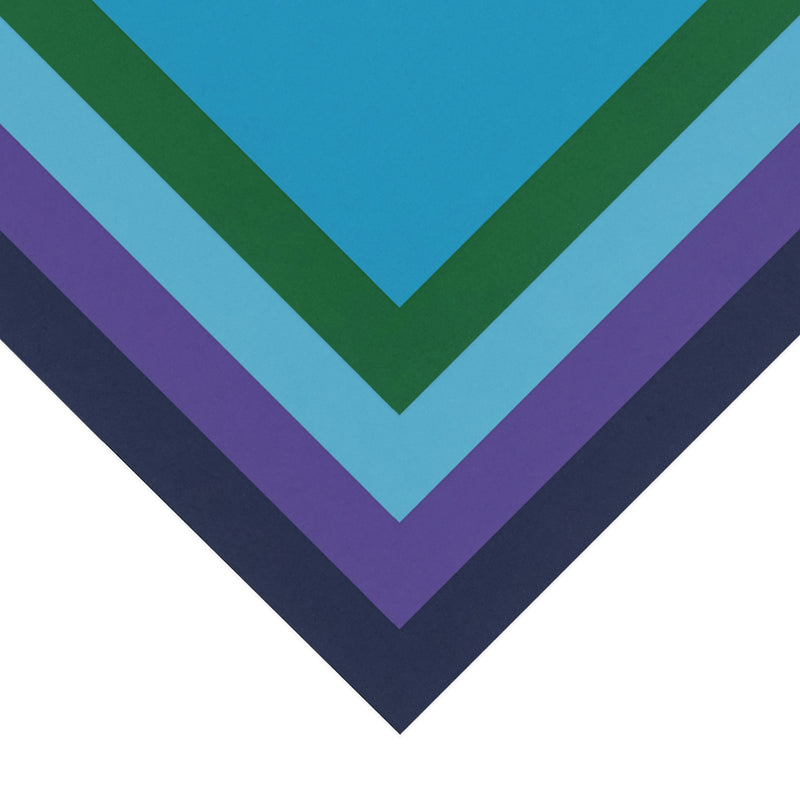 Quill A5 cold assorted coloured paper out of the pack, violet, marine blue, emerald, sky blue and royal blue sheets fanned