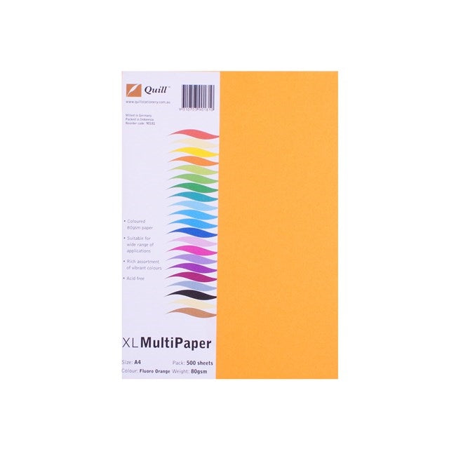 Quill Coloured Paper 80gsm A4 Fluoro Orange Pack of 500: Quill XL MultiOffice pack shown beside a loose A4 sheet of Fluoro Orange paper