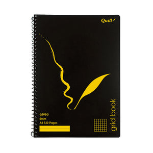 Quill Q Series A4 grid book with black spiral bound cover, yellow quill design and Q595G 5mm A4 120 Pages printed on the cover
