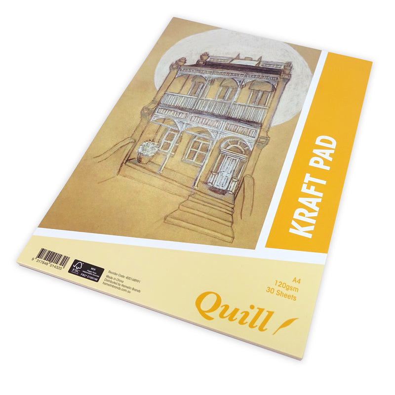 Quill A4 kraft pad lying at an angle, showing the cover and yellow Kraft Pad band