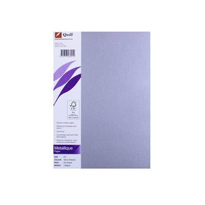 Quill Metallique A4 Silver Shadow 120gsm paper pack showing shimmery silver sheets fanned out on a white background