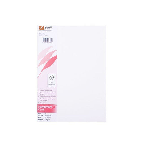 Quill Parchment Board A4 in white, a packaged pack of sheets with the Quill header label down the left side and a pink feather graphic
