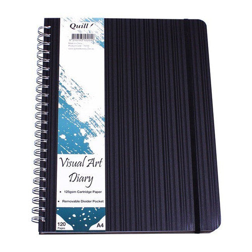Quill Premium Visual Art Diary A4 with a black striped cover, spiral binding on the left, a black elastic band and a teal and white label reading Removable Divider Pocket and A4
