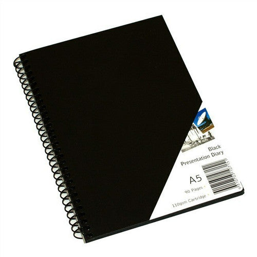Quill Presentation Visual Art Diary A5 with a black cover and black spiral binding, angled on a white background, with a corner label reading A5 Black Presentation Diary and 90 Pages