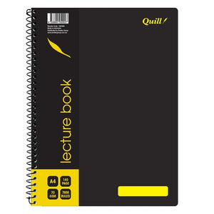 Quill Q Series A4 lecture book with black spiral bound cover, yellow quill design and lecture book text