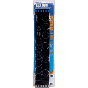 Jackson RAC1200 black 2RU rack mount power distribution unit with 12 sockets in its clear pack, with a printed panel of features down the side