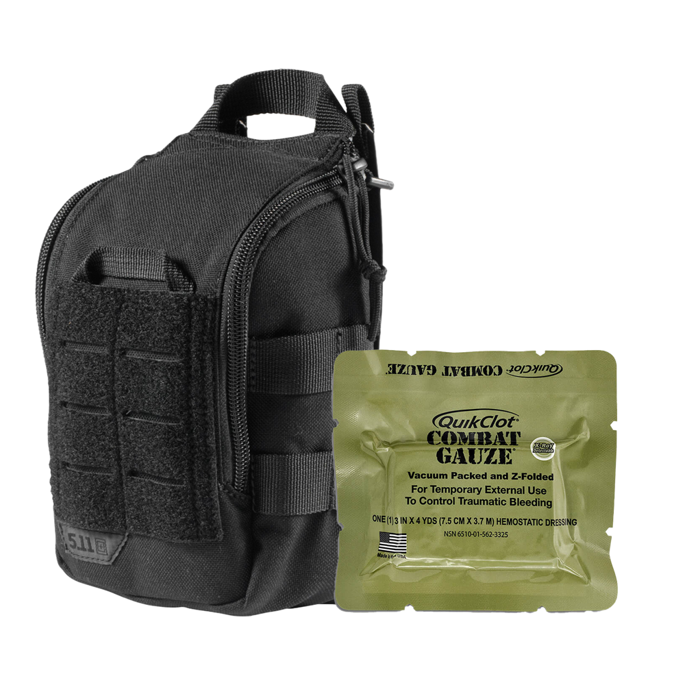 RAPIDSTOP Medium Bleed Control Kit with QUIKCLOT Combat Gauze Tactical showing pre-assembled bleed control kit with CoTCCC-recommended haemostatic gauze