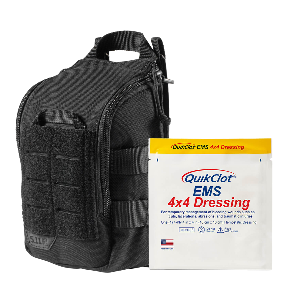 RAPIDSTOP Medium Bleed Control Kit with QUIKCLOT EMS Dressing Tactical showing pre-assembled bleed control kit with QUIKCLOT EMS 4x4 dressing for civilian responders