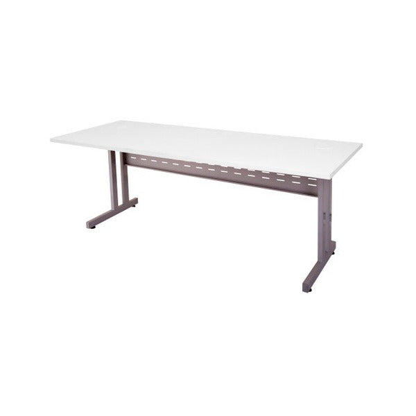 Product view of the Rapidline Rapid Span C leg open workstation in Natural White with Precious Silver frame and modesty panel