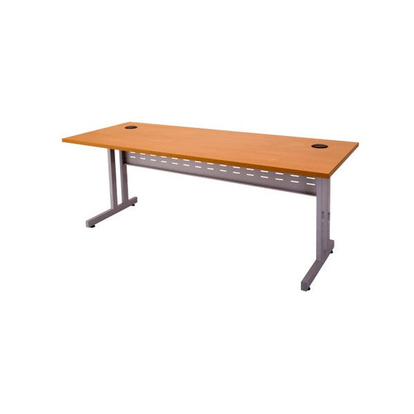 Product view of the Rapidline Rapid Span C leg open workstation in Beech with Precious Silver frame and perforated modesty panel