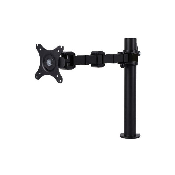 Rapidline Revolve single monitor arm in black, side view of the arm, VESA plate and pole