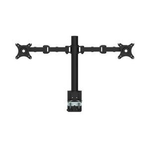 Rapidline Revolve dual monitor arm in black, front view with both arms extended and the desk clamp