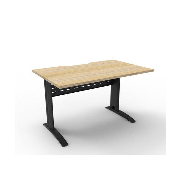 Rapidline Deluxe Rapid Span open workstation with a Natural Oak top on a Black Satin frame, three quarter view showing the rear scallop cutout.