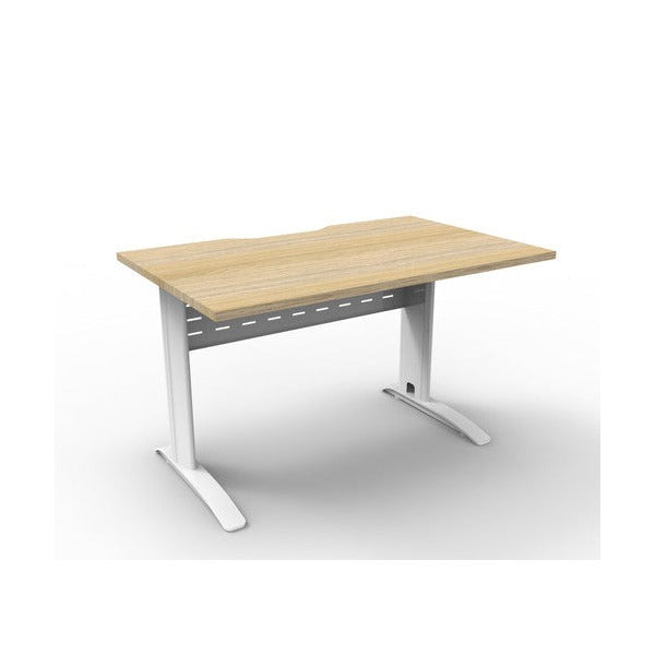 Rapidline Deluxe Rapid Span open workstation with a Natural Oak top on a White Satin frame, three quarter view showing the rear scallop cutout.