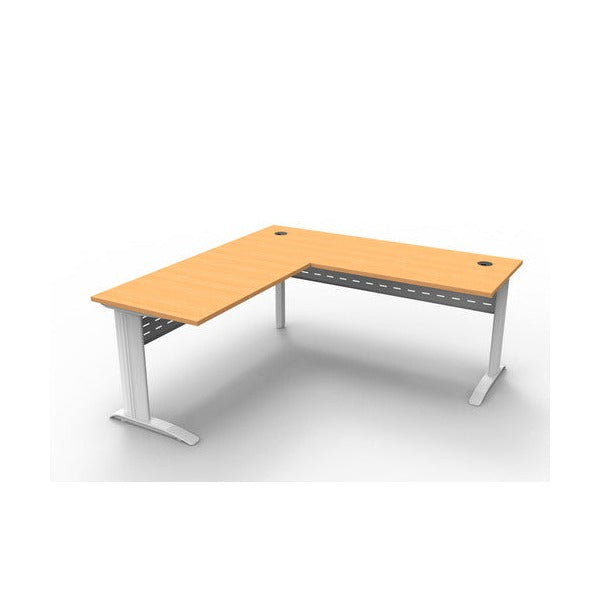 Rapidline Rapid Span desk and return with a two-piece Beech top on a White Satin span leg frame with perforated metal modesty panels, angled view from above.