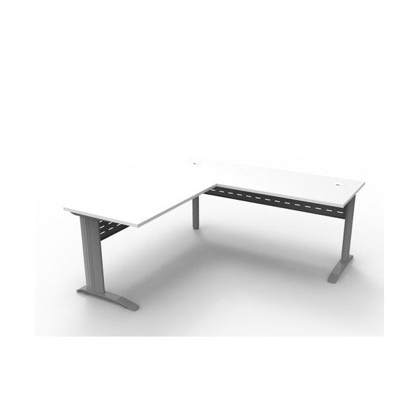 Rapidline Rapid Span desk and return with a two-piece Natural White top on a Precious Silver span leg frame with perforated metal modesty panels, angled view from above.