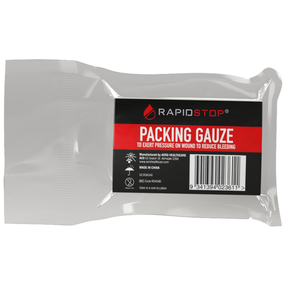RAPIDSTOP Packing Gauze showing haemostatic wound packing gauze for deep wound and junctional haemorrhage control
