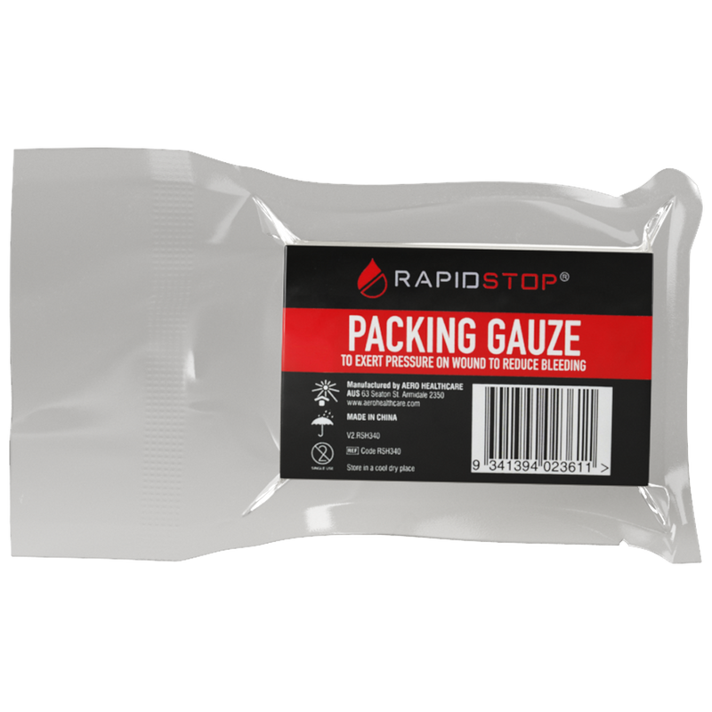 RAPIDSTOP Packing Gauze showing haemostatic wound packing gauze for deep wound and junctional haemorrhage control