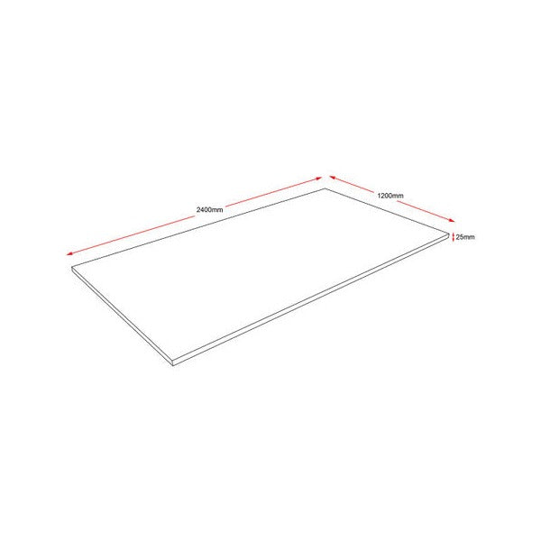 Rapidline rectangular table top 2400 x 1200mm line drawing with red dimension arrows marking the main measurements and the 25mm thickness